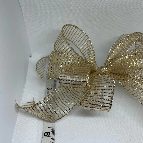 Handmade Ribbon bows set of 6 gold glitter wired ribbon striped 8x6 inch approx - Picture 9 of 13